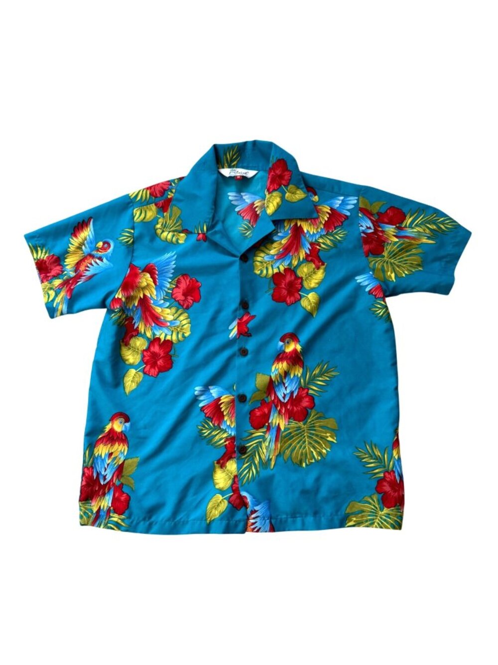 Alvish Boys Button Front Top Sz M Blue Parrot Bird Tropical Hawaiian Resort Wear
